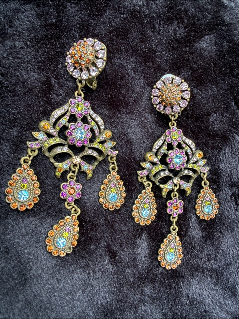 Heidi Daus Antique Gold Chandelier Earrings With Swarovski Crystal Floral Motif.